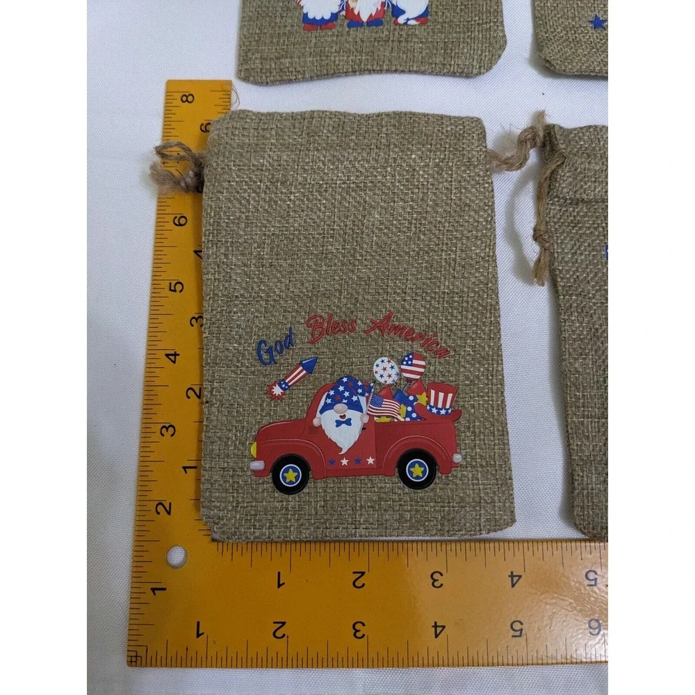 GWP 3 PCS - Gnome USA Burlap Gift Bag Pouch Red White Blue Patriotic 4th July
